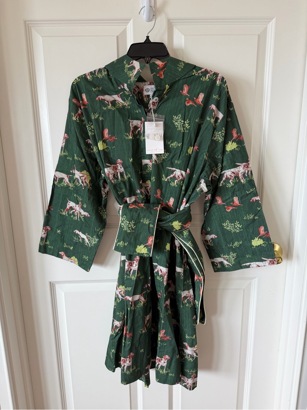 Holly Shae Green Corduroy “Dogs On The Hunt” Shift Dress with matching obi belt - Picture 3 of 7